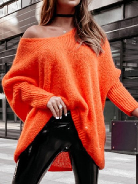 Loose V Neck Casual Plain Sweater, Orange, Sweaters