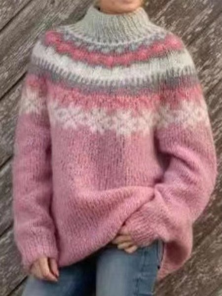 

Turtleneck Ethnic Loose Casual Sweater, Pink, Sweaters