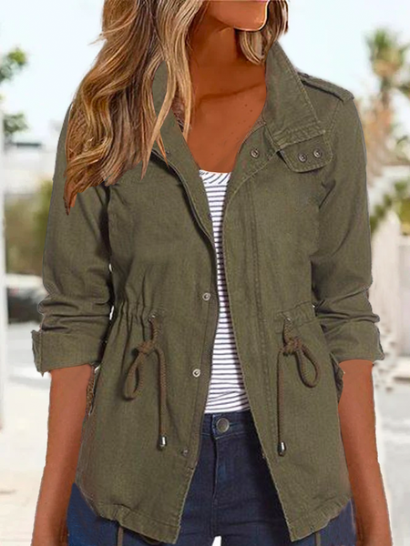

women’s Simple Stand Collar Plain Regular Fit Trench Coat, Army green, Outerwear