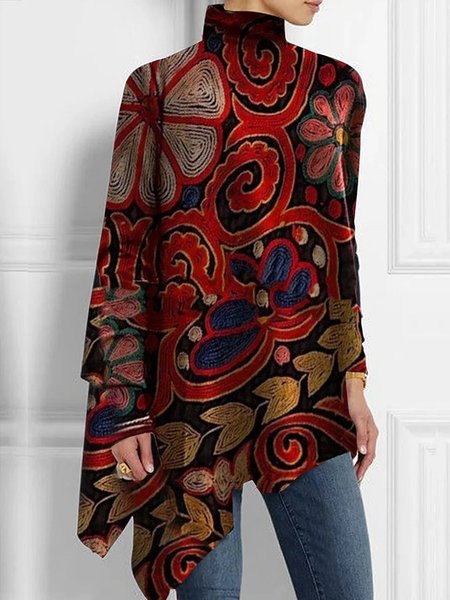 

Long Sleeve Turtleneck Loose Urban Floral Shirt, Red, Blouses and Shirts