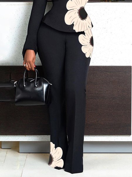 

Floral Tight Urban Fashion Long Pants, Black, Pants