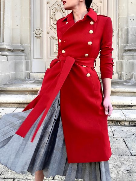 

Double Breasted Regular Fit Plain Urban Trench Coat With Belt, Red, Coats
