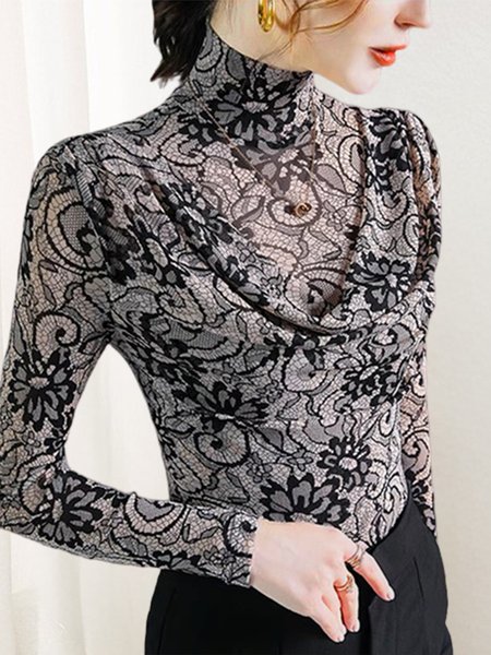 

Floral Turtleneck Elegant Long Sleeve Shirt, Black, Blouses and Shirts