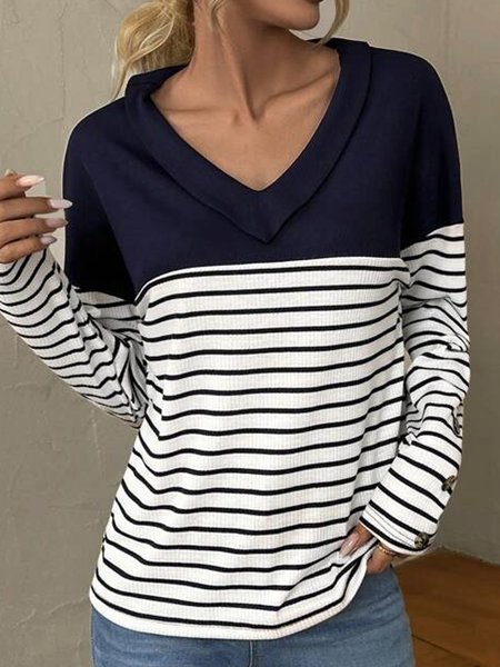 

Women Plain V Neck Casual Long Sleeve T-shirt, Blue, Long Sleeves