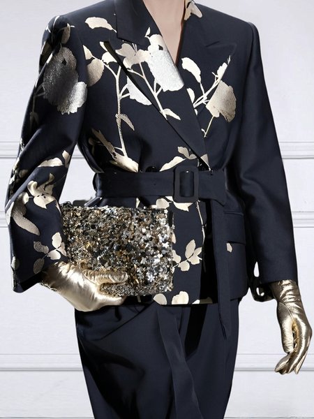 

Elegant Floral Regular Fit Lapel Collar Blazer With Belt, Black, Blazers