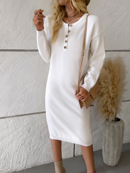 

Loose Plain Crew Neck Casual Dress With No, White, Dresses