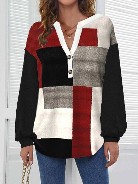

Color Block Half Open Collar Casual Buckle Shirt, Wine red, Shirts & Blouses