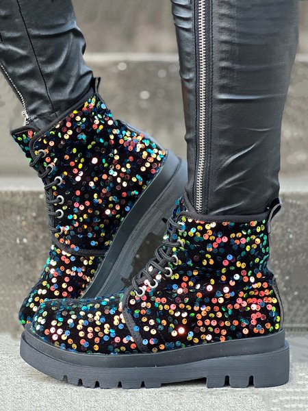 

Multicolor Sequins Lace-Up Thick Bottom Fashion Boots, As picture, Boots