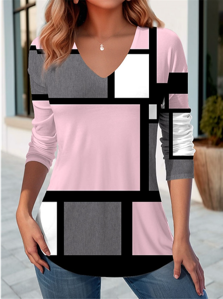 

V Neck Casual Plaid T-Shirt, Pink, T-Shirts