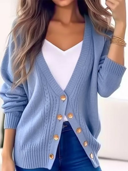 

Casual Plain Buttoned Wrap Cardigan, Blue, Sweaters