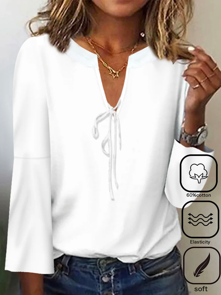 

Women Plain Notched Casual Long Sleeve T-shirt, White, Long Sleeves