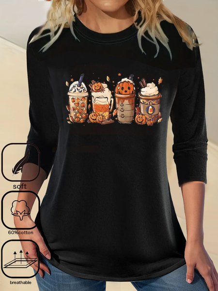 

Halloween Crew Neck Casual Cotton-Blend T-Shirt, Black, Long sleeves