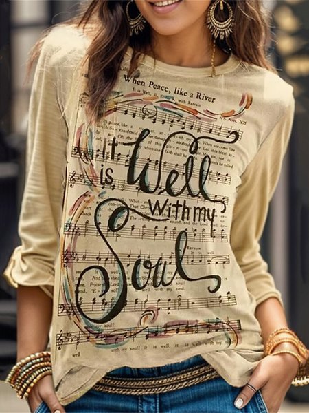 

Casual Crew Neck Music T-Shirt, Khaki, T-Shirts