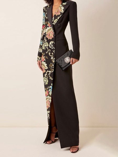 

Floral Regular Fit Urban Long Sleeve Maxi Dress With No Belt, Black, Maxi Dresses