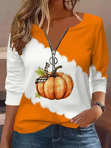 

Plus Size Zipper Loose Casual Halloween T-Shirt, Orange, Long sleeves