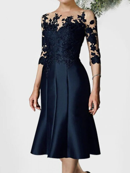 

Regular Fit Boat Neck Lace Elegant Dress, Dark blue, Party Dresses