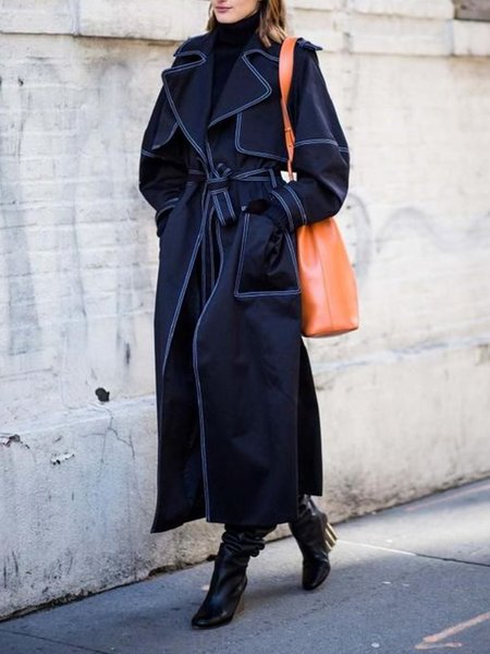 

Lapel Collar Urban Regular Fit Plain Trench Coat With Belt, Black, Coats
