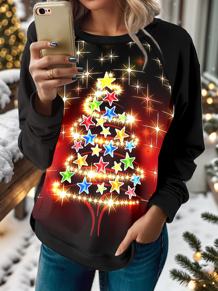 

Crew Neck Loose Casual Christmas Tree Sweatshirt, Black, Sweatshirts & Hoodies