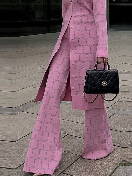 

High Elasticity Urban Regular Fit Geometric Long Pants, Pink, Pants