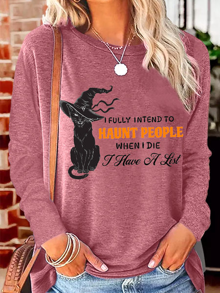 

Women's Black Cat I Fully Intend To Haunt People When I Die Casual Cotton-Blend Shirt, Pink, Long sleeves