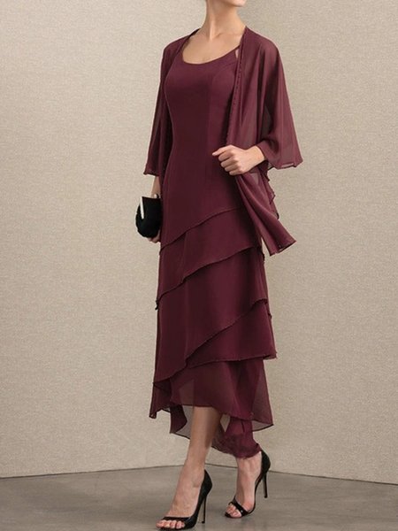 

Crew Neck Elegant Loose Plain Two-Piece Set With No, Wine red, Party Dresses