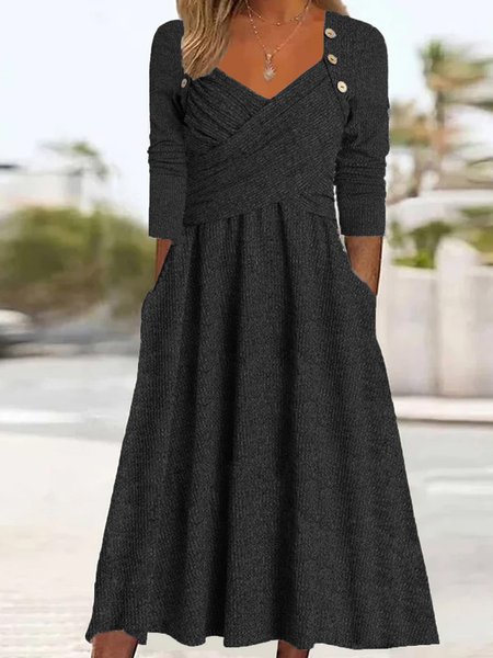 

Plain Casual Buckle Sweetheart Neckline Dress, Black, Casual Dresses