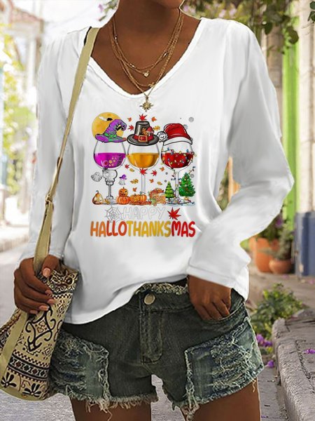 

Casual Halloween Loose Jersey T-Shirt, White, Long sleeves