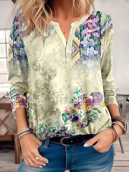 

Floral Crew Neck Loose Casual T-Shirt, Yellow, T-Shirts