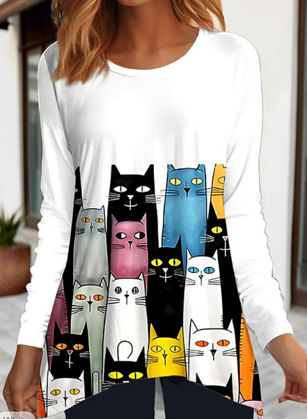 

Cat Crew Neck Loose Casual T-Shirt, White, T-Shirts