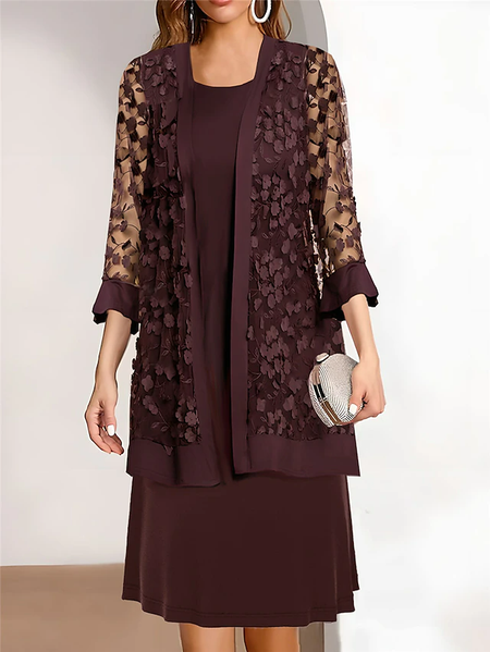 

Plain Elegant Crew Neck Matching Outfit, Wine red, Party Dresses
