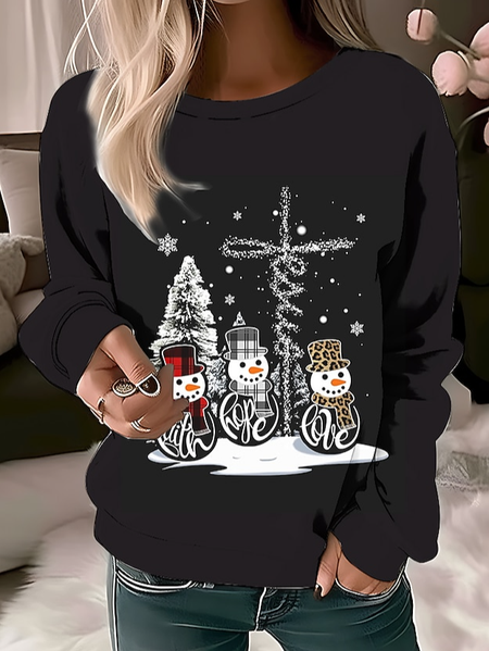 

Casual Crew Neck Christmas Snowman Loose Sweatshirt, Black, Sweatshirts & Hoodies