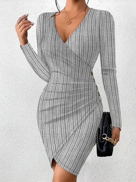 

Elegant V Neck Plain Buttoned Dress, Gray, Dresses
