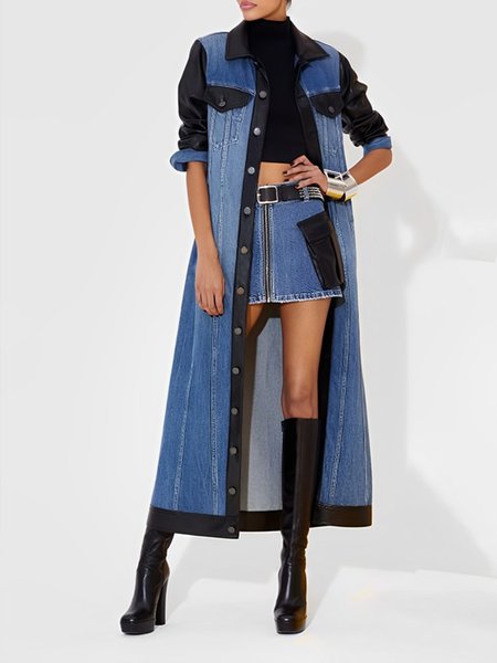 

Long Sleeve Casual Color Block Denim Denim Coat, Blue, Outerwear