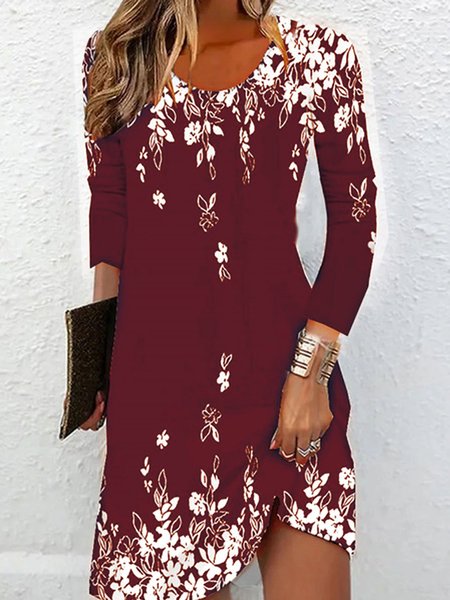 Crew Neck Casual Jersey Floral Dress, Wine red, Dresses
