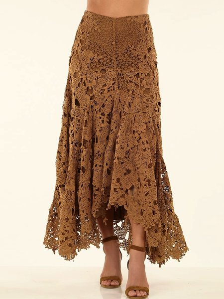 Women's Boho Lace H-Line Natural Loose Maxi Skirt, Khaki, Skirts