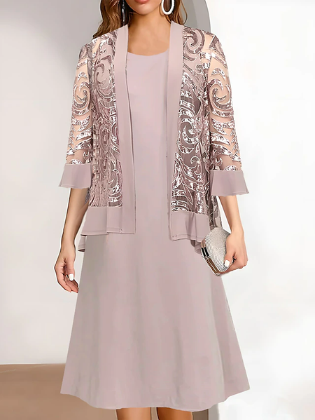 

Elegant Lace Plain Crew Neck Matching Outfit, Pink, Party Dresses