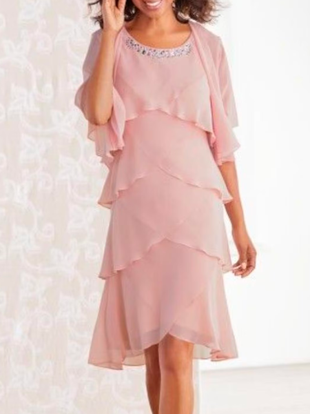 

Chiffon Crew Neck Elegant Two-Piece Set, Pink, Party Dresses
