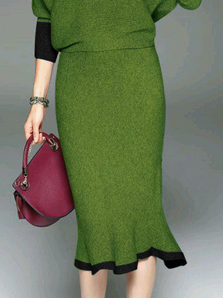 

High Elasticity Color Block Tight Elegant Midi Skirt, Green, Skirts