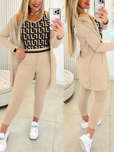 

Casual Loose Geometric Matching Outfit, Khaki, Suit Set
