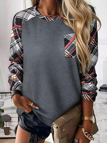 

Casual Plaid Cotton-Blend Crew Neck T-Shirt, Gray, T-Shirts