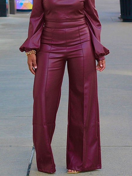 

PU Loose Elegant Plain Faux Leather Long Pants Straight pants, As picture, Pants