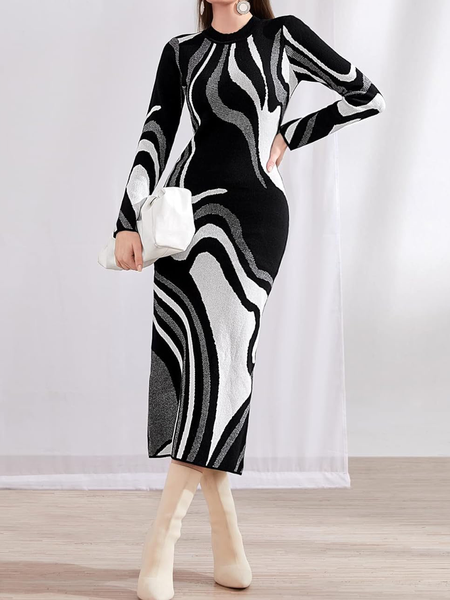 

High Elasticity Abstract Elegant Crew Neck Long Sleeve Tight Sweater Midi Dress, As picture, Midi Dresses