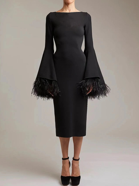 

Tight Medium Elasticity Boat Neck Long Sleeve Elegant Midi Dress, Black, Midi Dresses