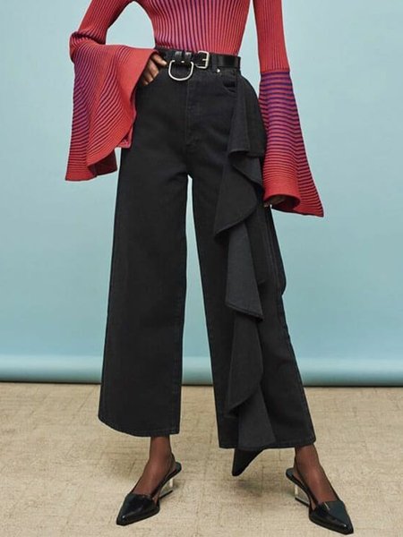

Loose Elegant Denim H-Line Plain Jeans, Black, Jeans