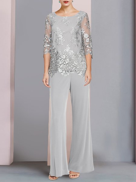 

Elegant Loose Crew Neck Two-Piece Set, Light gray, Suit Set