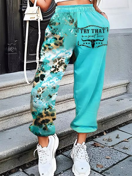 

Casual Pocket Stitching Leopard Pants, Blue, Pants