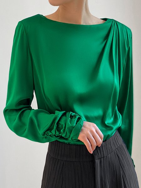 

Satin Elegant Regular Fit Crew Neck Shirt, Green, Blouses and Shirts