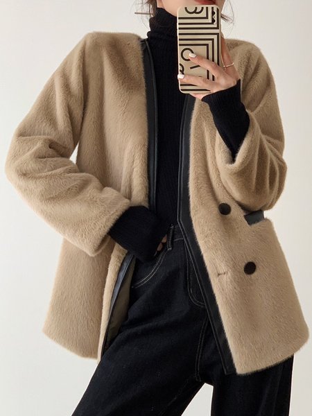 

Long Sleeve Urban Faux Fur V Neck Teddy Jacket, Khaki, Coats