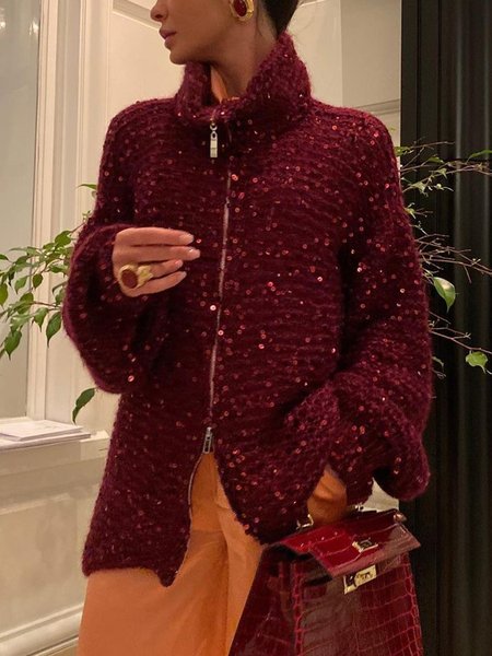 

Turtleneck Elegant Plain Long Sleeve Cardigan, Wine red, Cardigans