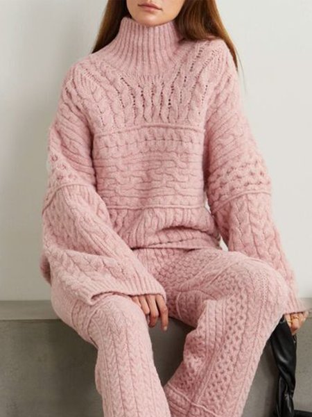 

Long Sleeve Urban Loose Turtleneck Plain Sweater, Pink, Pullovers